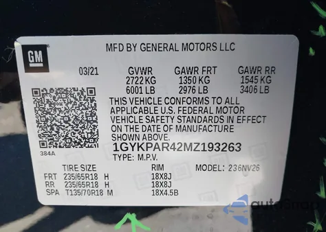 2021 Cadillac Xt6 Fwd Luxury из США, поврежденный, VIN 1GYKPAR42MZ193263